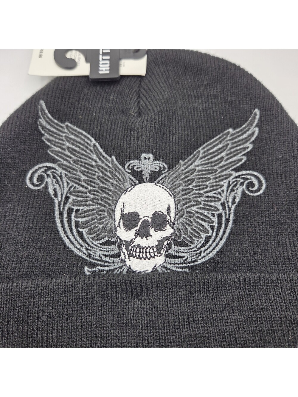 Hot Topic Beanie Y2K Grunge Skull Wings Cross Black Punk NWT - Picture 2 of 4